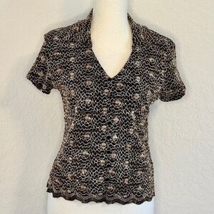 Nicola Petite, V-Neck Crochet Mesh Blouse, Size PM
